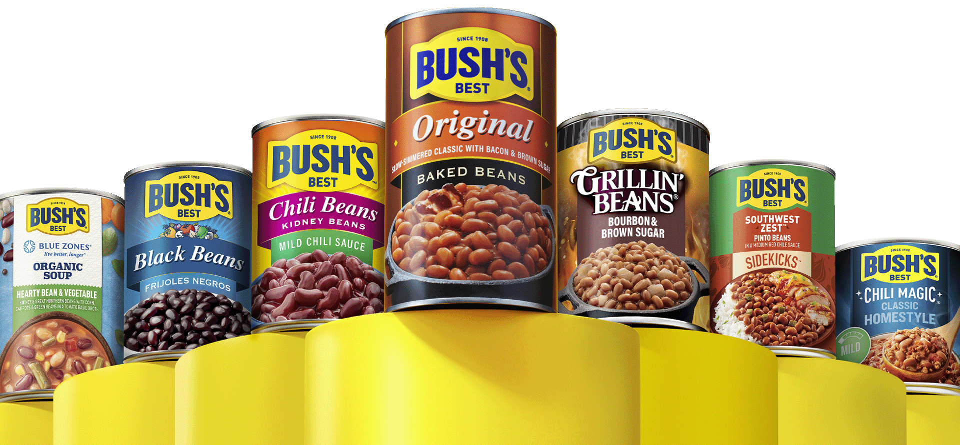 Array of Bush's<sup>®</sup> Beans products on yellow pedestals