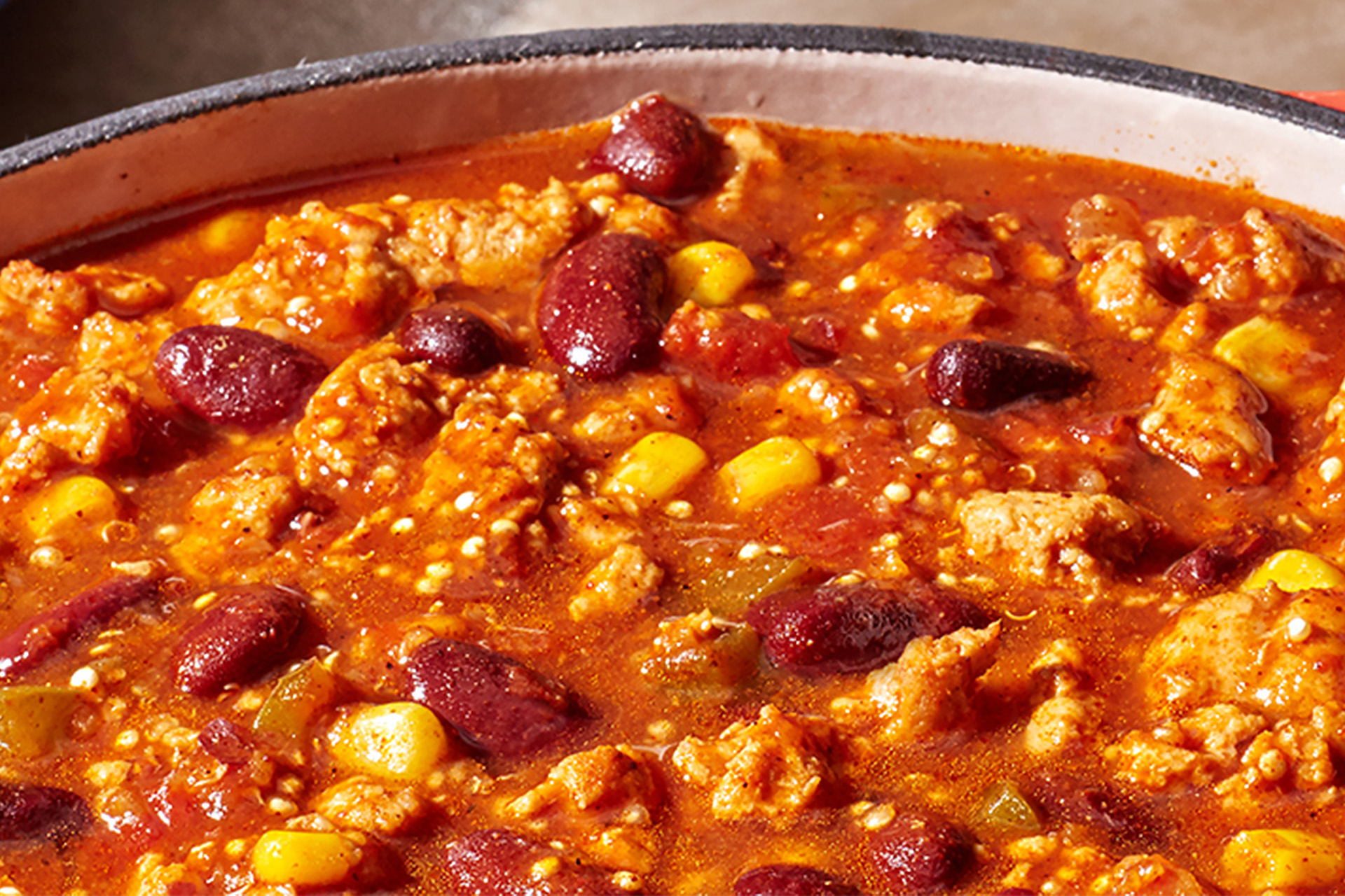 Close-up of ground turkey chili with beans